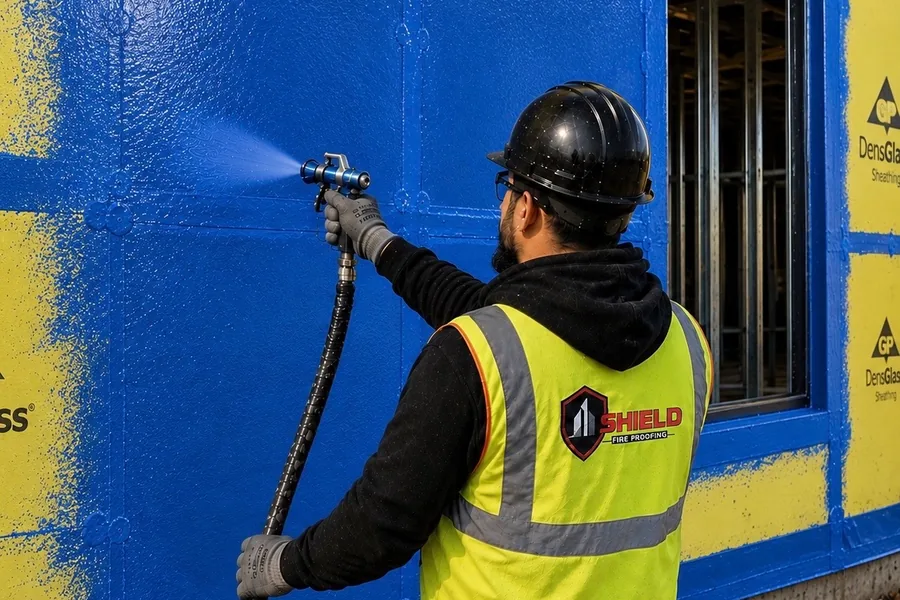 A Shield crew member spray-applying blue fluid-applied air barrier over exterior sheathing.