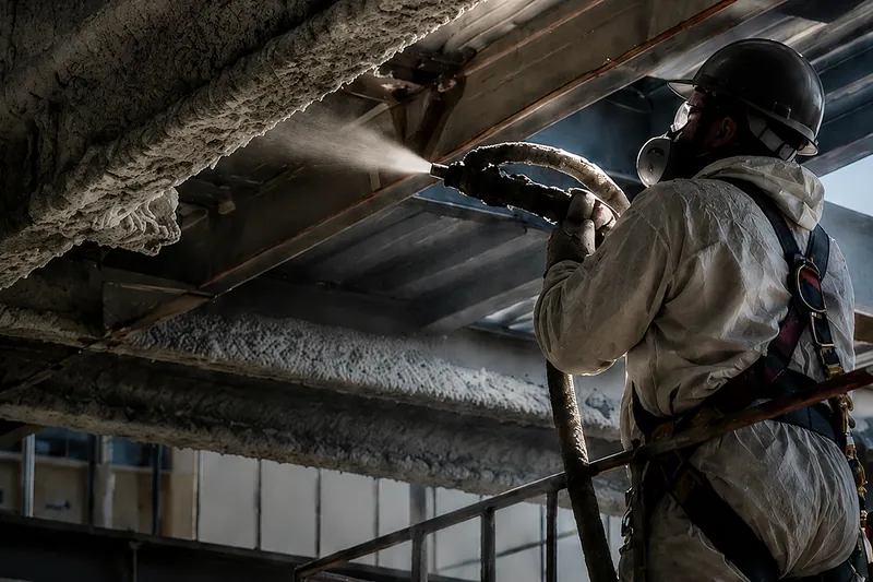 A Shield technician spraying fireproofing onto structural steel decking.